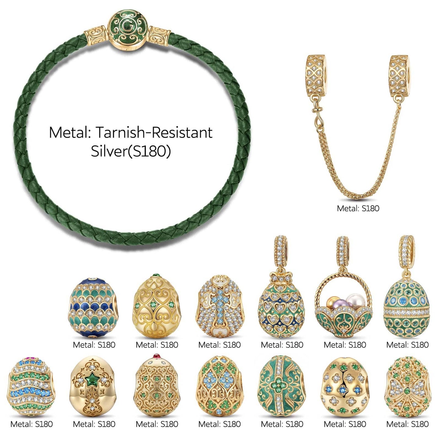 Enchanted Forest Easter Egg Tarnish-Resistant Silver Leather Charms Bracelet Set In 14K Gold Plated (Includes bracelet and all charms shown)