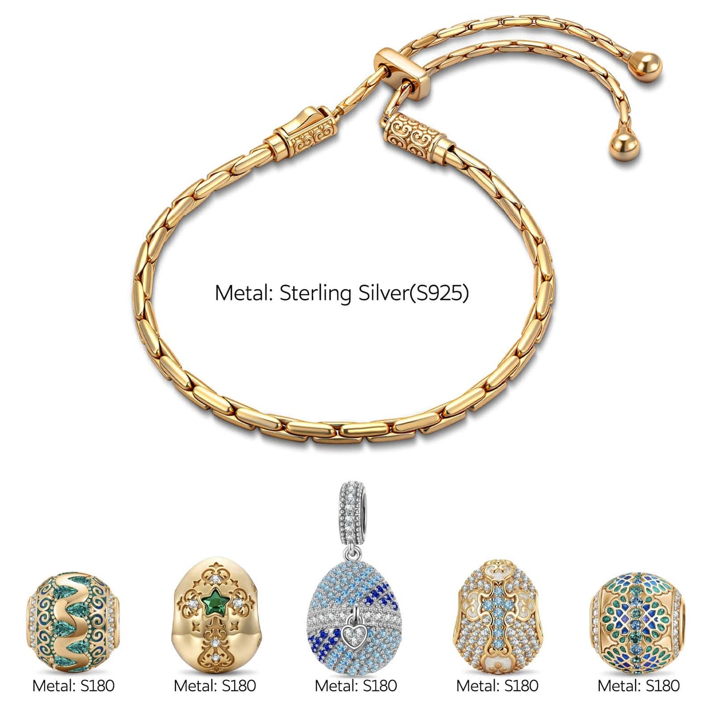Spring Glow Easter Egg Tarnish-Resistant Silver Adjustable Charms Bracelet In 14K Gold Plated (Includes bracelet and all charms shown)