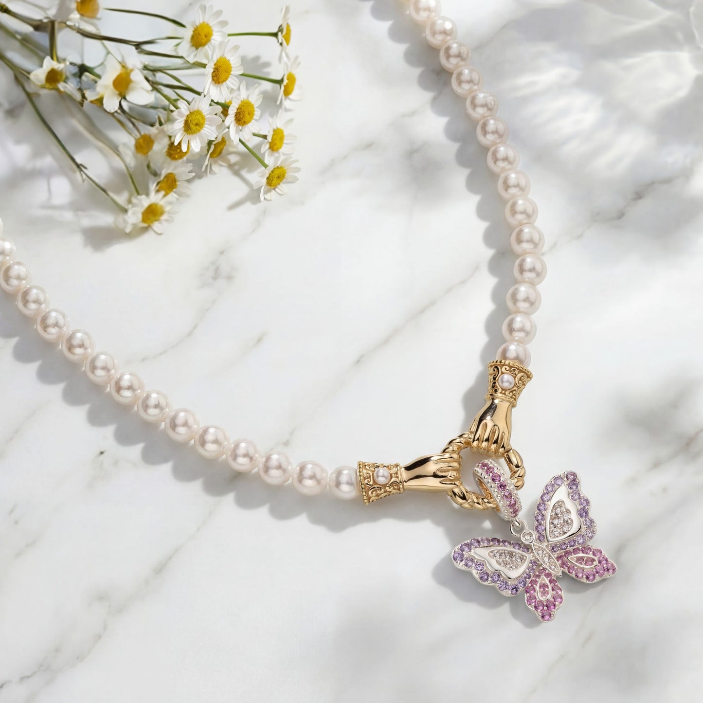 Spring's Pearl Tarnish-resistant Silver Butterfly Necklace Set In 14K Gold Plated