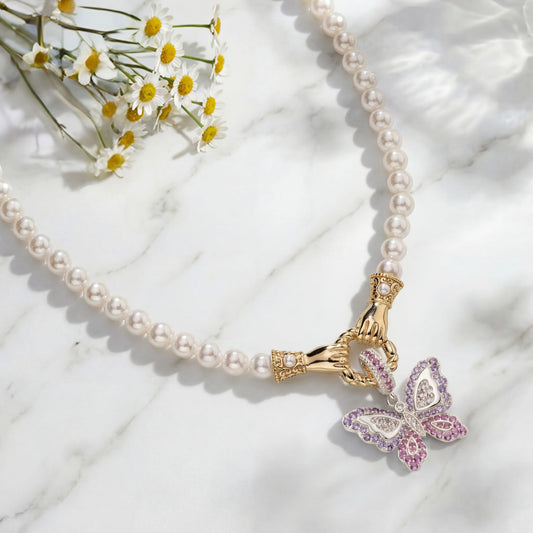 gona- Spring's Pearl Tarnish-resistant Silver Butterfly Necklace Set In 14K Gold Plated
