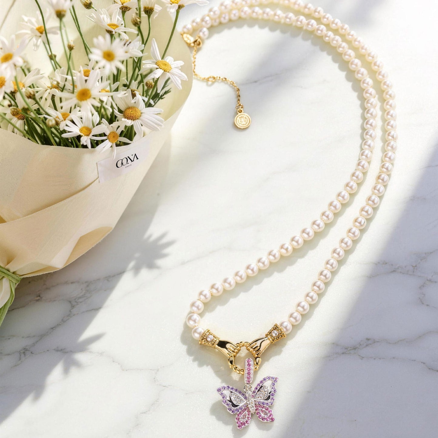 Spring's Pearl Tarnish-resistant Silver Butterfly Necklace Set In 14K Gold Plated