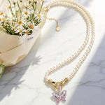 Spring's Pearl Tarnish-resistant Silver Butterfly Necklace Set In 14K Gold Plated