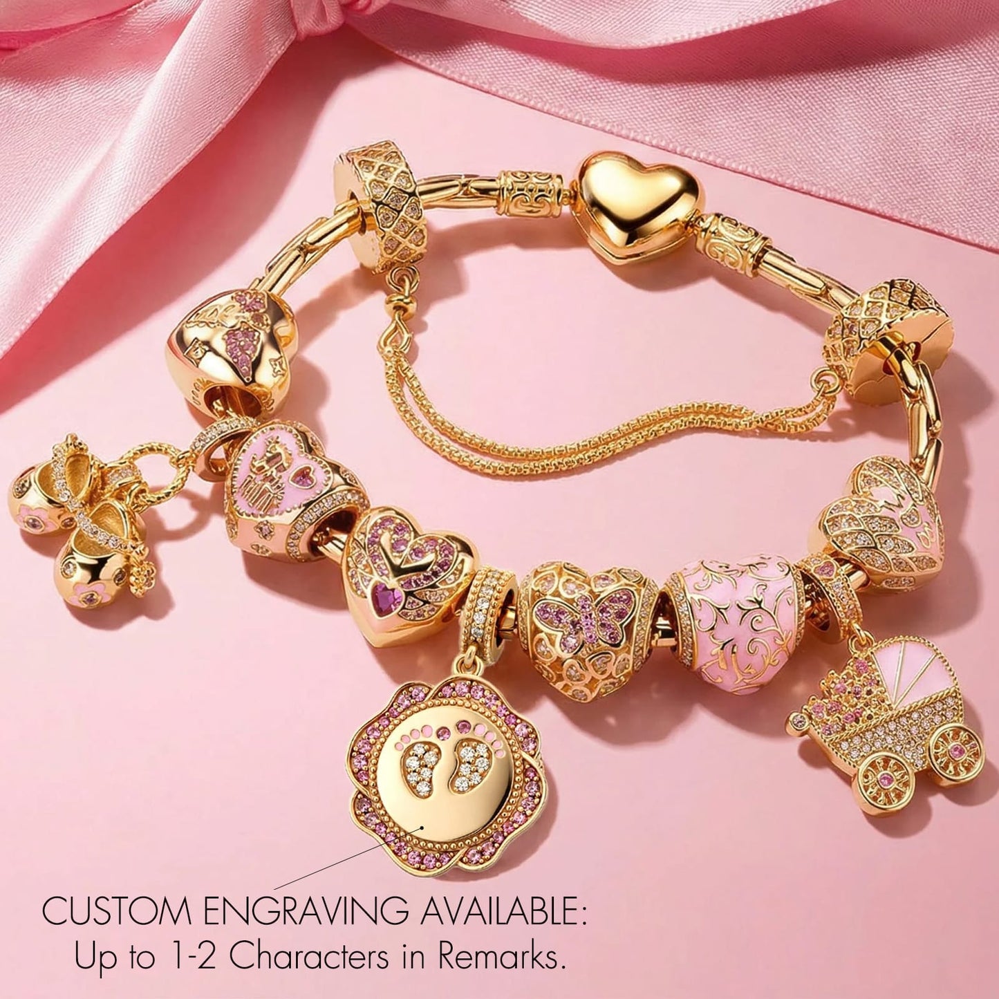 Timeless Love for Mom Tarnish-resistant Silver Charm Bracelet Set in Pink Gold Plated (Includes Bracelet and All Charms Shown)