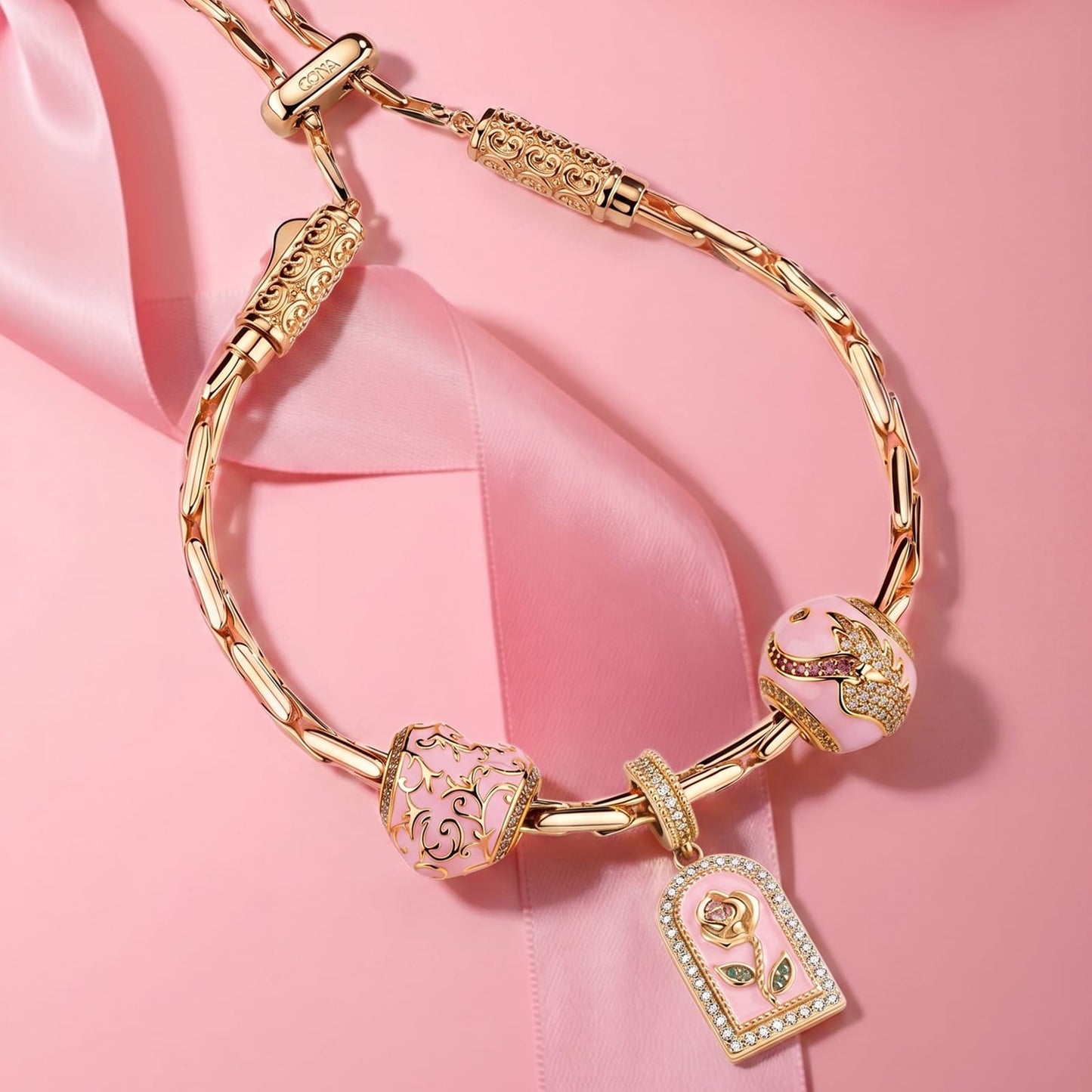 Maternal Rose Garden Tarnish-Resistant Silver Adjustable Charms Bracelet In 14K Gold Plated (Includes bracelet and all charms shown)