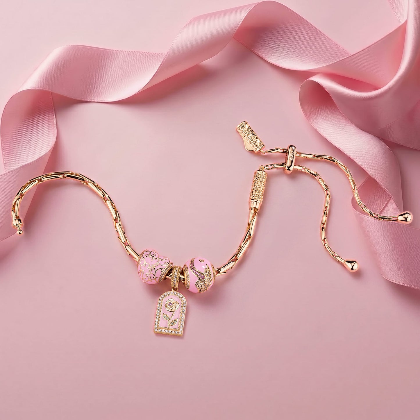 Maternal Rose Garden Tarnish-Resistant Silver Adjustable Charms Bracelet In 14K Gold Plated (Includes bracelet and all charms shown)