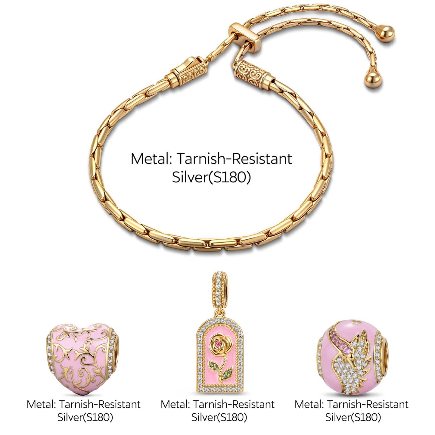 Maternal Rose Garden Tarnish-Resistant Silver Adjustable Charms Bracelet In 14K Gold Plated (Includes bracelet and all charms shown)