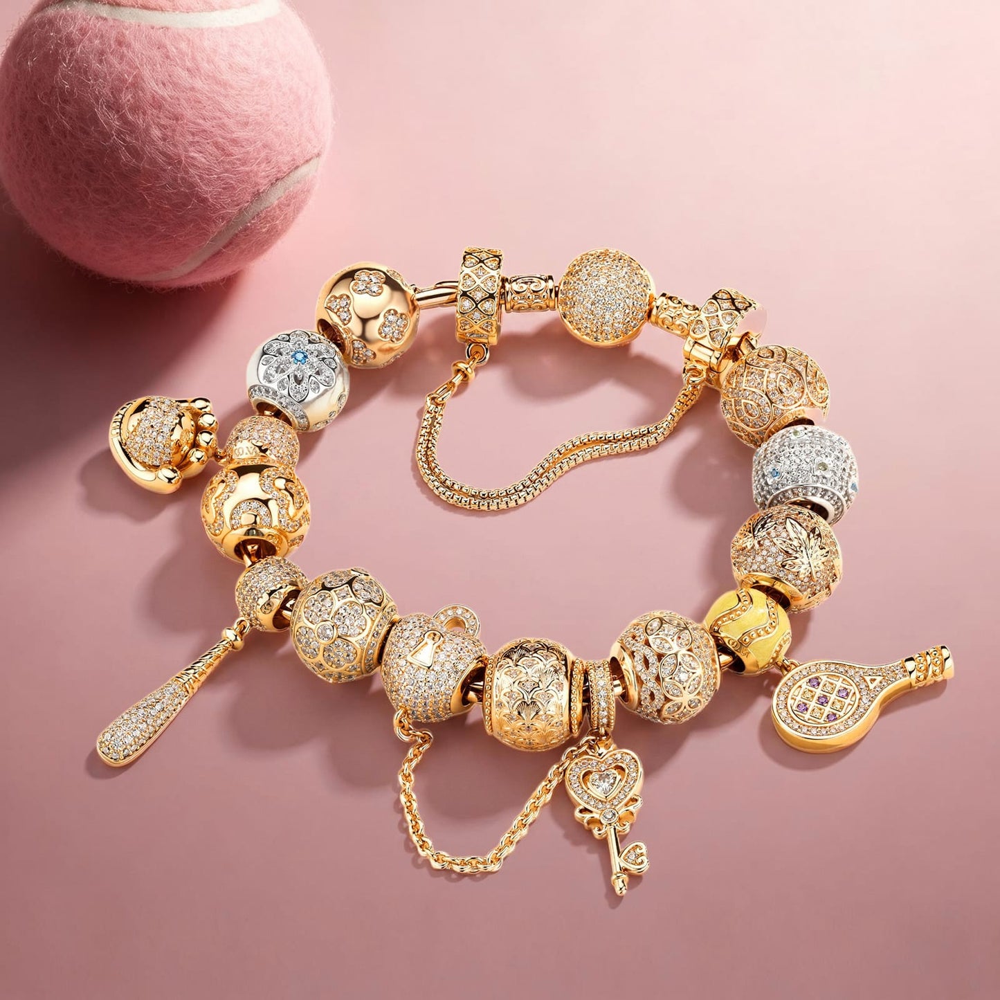 Key to My Heart Tarnish-Resistant Silver Charms Bracelet Set in 14K Gold Plated (Includes Bracelet and All Charms Shown)