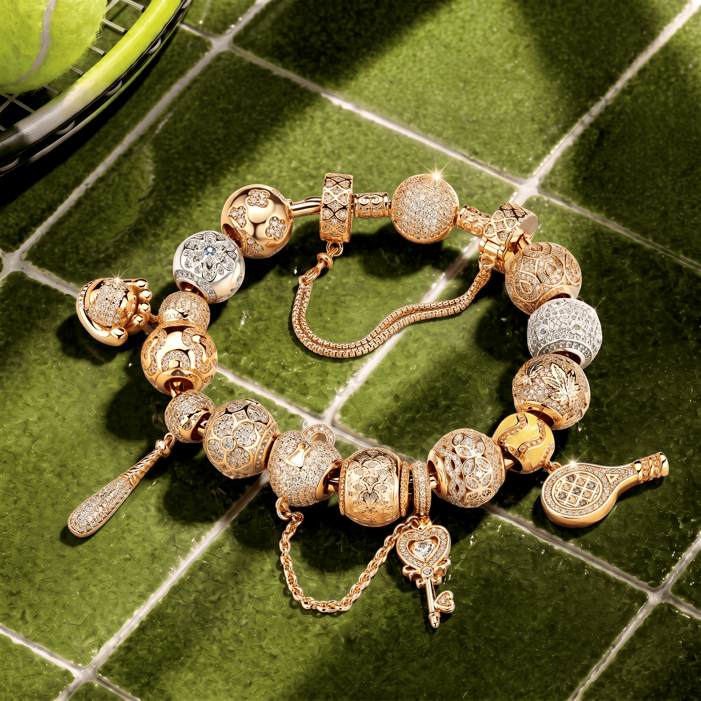 Key to My Heart Tarnish-Resistant Silver Charms Bracelet Set in 14K Gold Plated (Includes Bracelet and All Charms Shown)