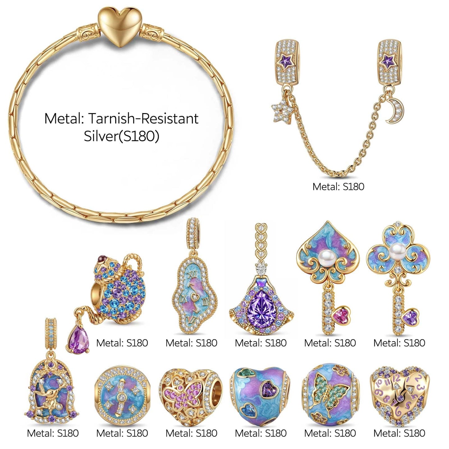 Alice in Wonderland Dreamscape Tarnish-Resistant Silver Charm Bracelet Set In 14K Gold Plated (Includes bracelet and all charms shown)