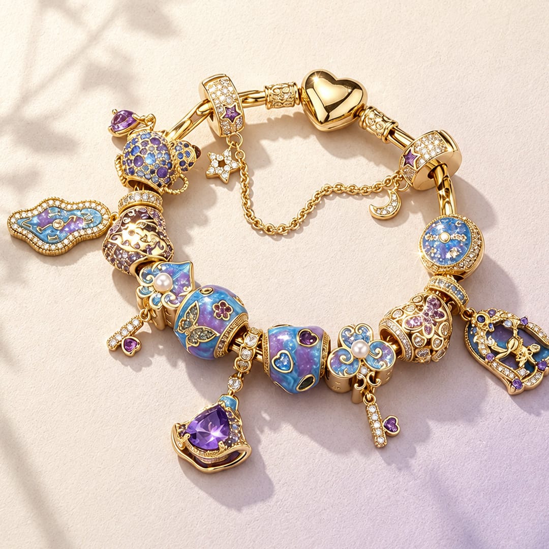 Alice in Wonderland Dreamscape Tarnish-Resistant Silver Charm Bracelet Set In 14K Gold Plated (Includes bracelet and all charms shown)