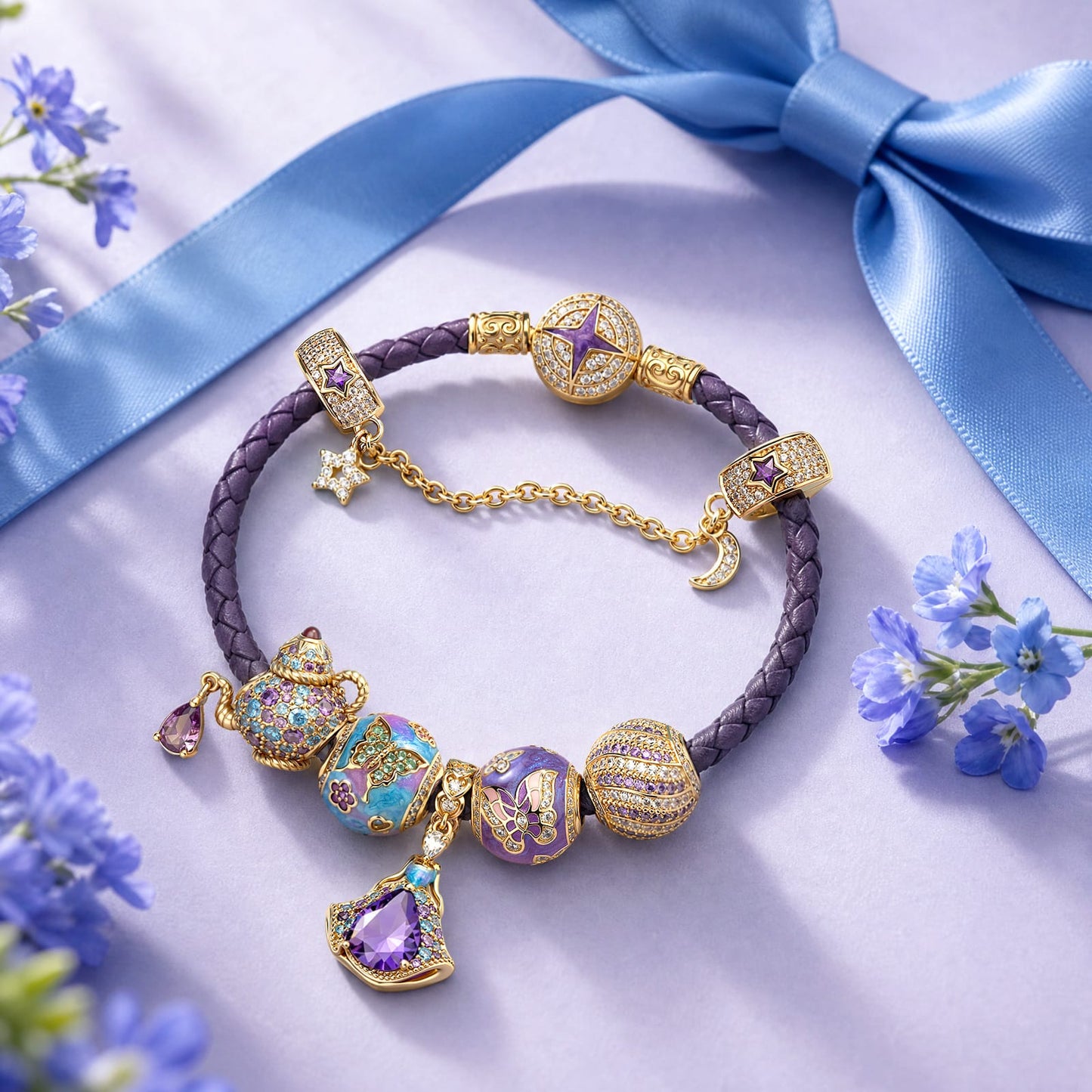 Enchanted Wonderland Tea Party Leather Bracelet With Tarnish-Resistant Silver Accents And Charms (Includes Bracelet And All Charms Shown)