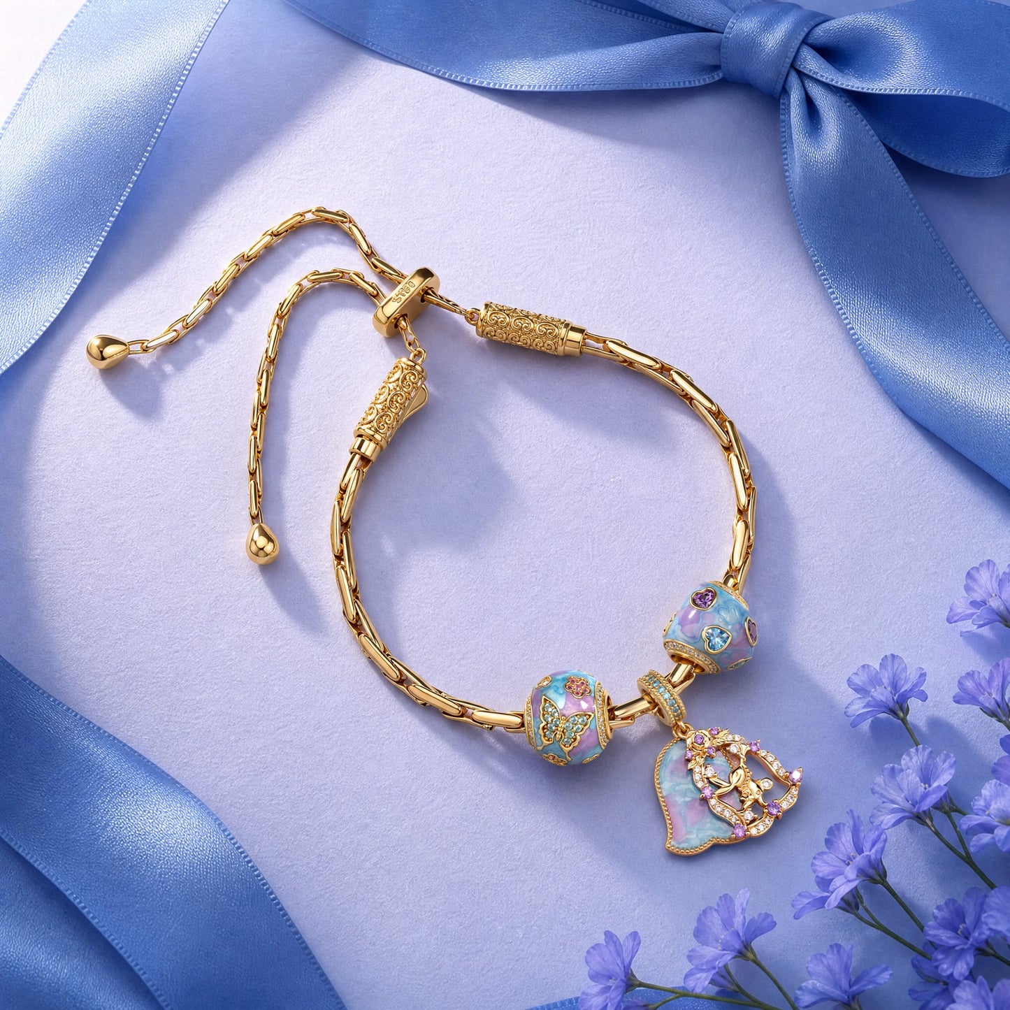 Adjustable Enchanted Fairy Tarnish-Resistant Silver Charm Bracelet Set In 14K Gold Plated (Includes bracelet and all charms shown)