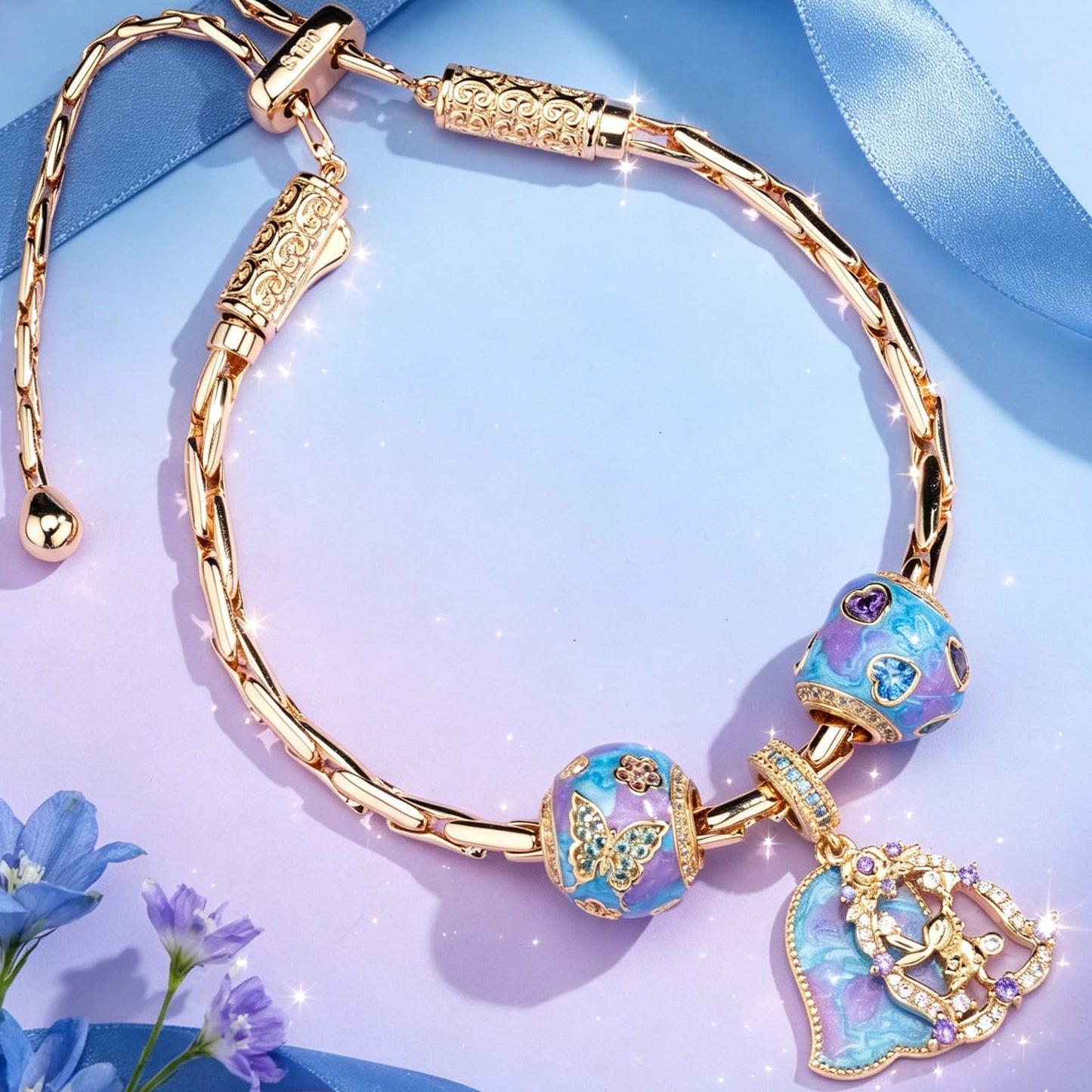 Adjustable Enchanted Fairy Tarnish-Resistant Silver Charm Bracelet Set In 14K Gold Plated (Includes bracelet and all charms shown)