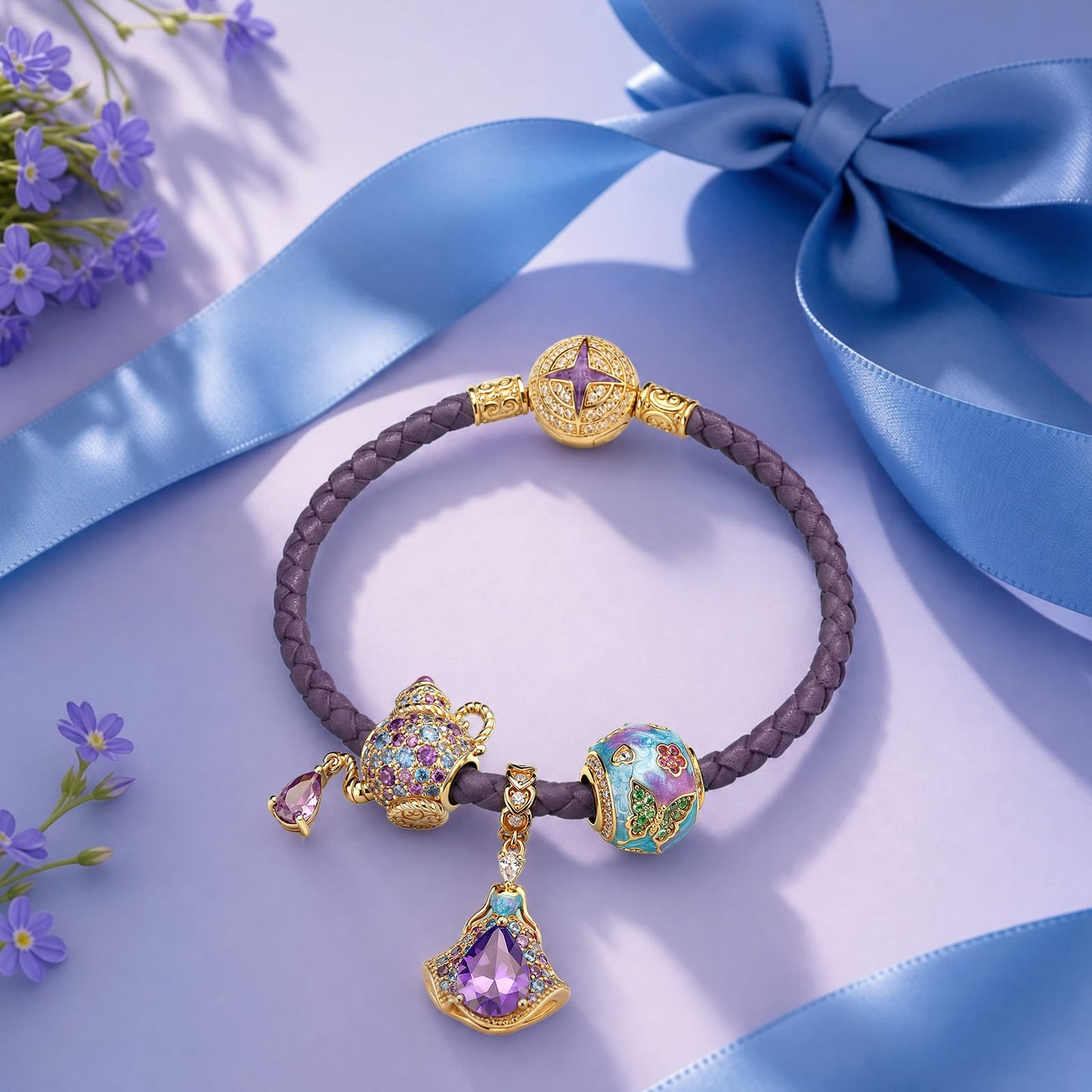 Purple Leather Wonderland Teapot Tarnish-Resistant Silver Charm Bracelet Set In 14K Gold Plated (Includes bracelet and all charms shown)