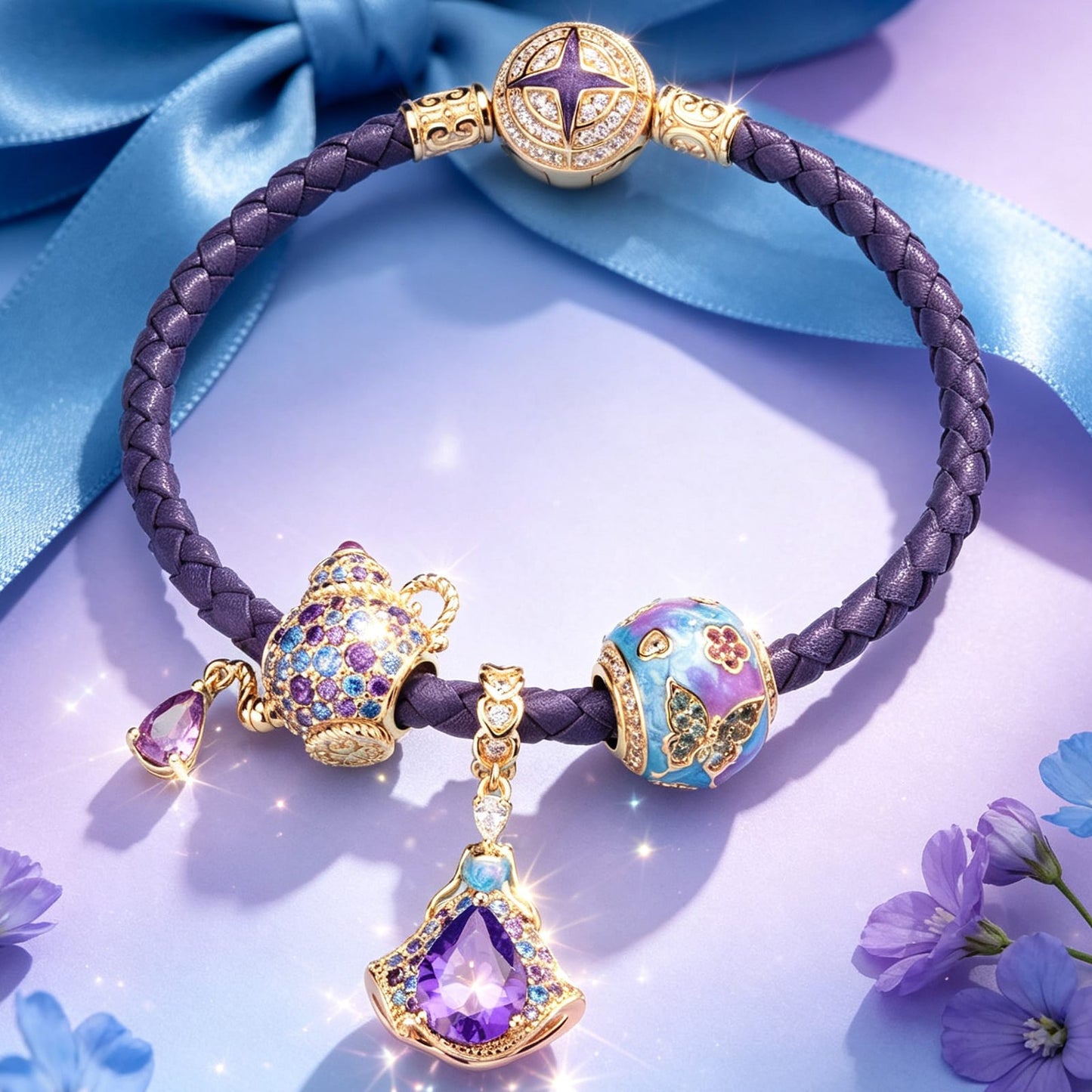 Purple Leather Wonderland Teapot Tarnish-Resistant Silver Charm Bracelet Set In 14K Gold Plated (Includes bracelet and all charms shown)
