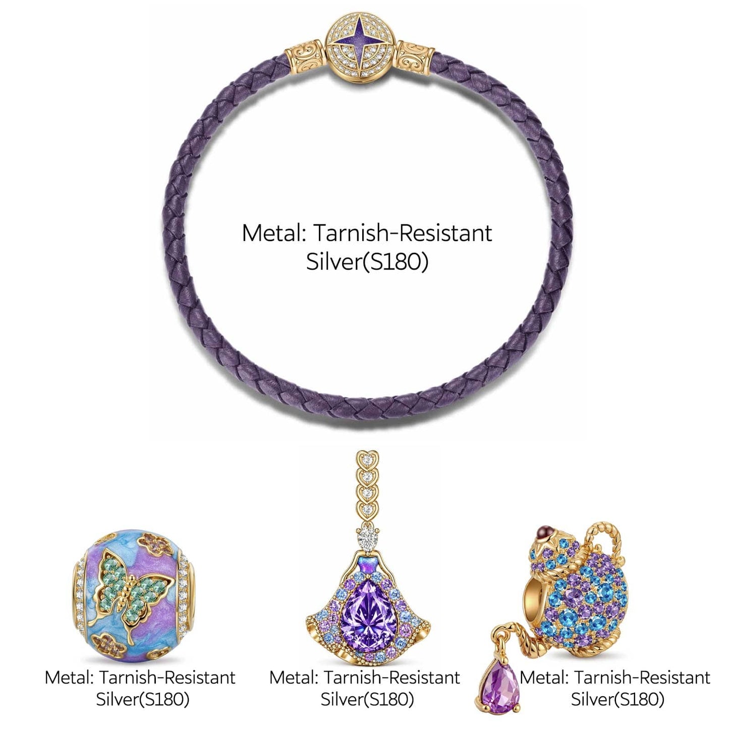 Purple Leather Wonderland Teapot Tarnish-Resistant Silver Charm Bracelet Set In 14K Gold Plated (Includes bracelet and all charms shown)