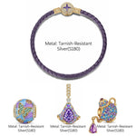 Purple Leather Wonderland Teapot Tarnish-Resistant Silver Charm Bracelet Set In 14K Gold Plated (Includes bracelet and all charms shown)