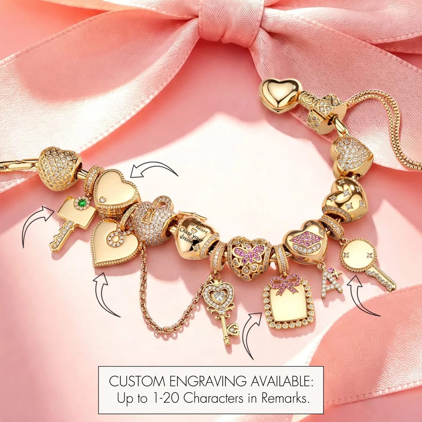 Keys to Love Tarnish-Resistant Silver Charms Bracelet Set In 14K Gold Plated (Includes bracelet and all charms shown)