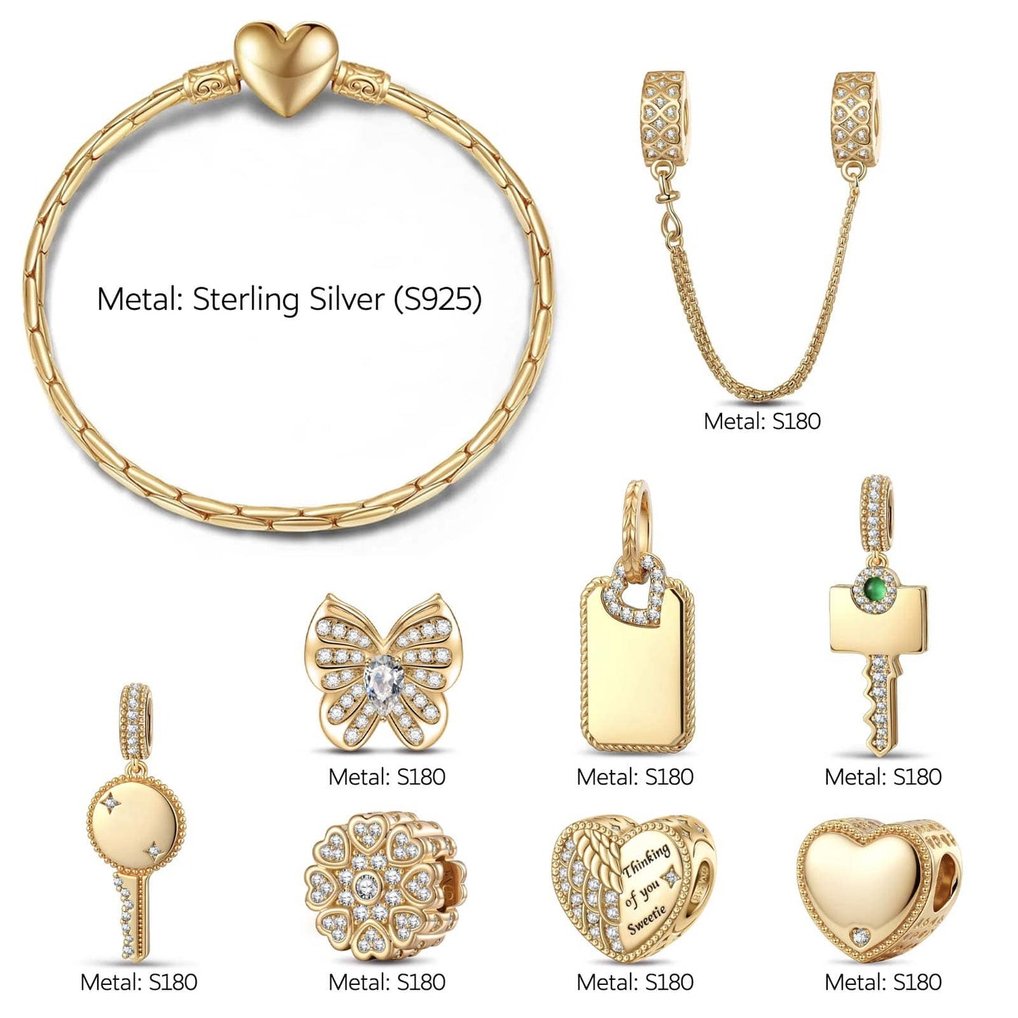 Cherished Moments Tarnish-Resistant Silver Charms Bracelet Set In 14K Gold Plated (Includes bracelet and all charms shown)