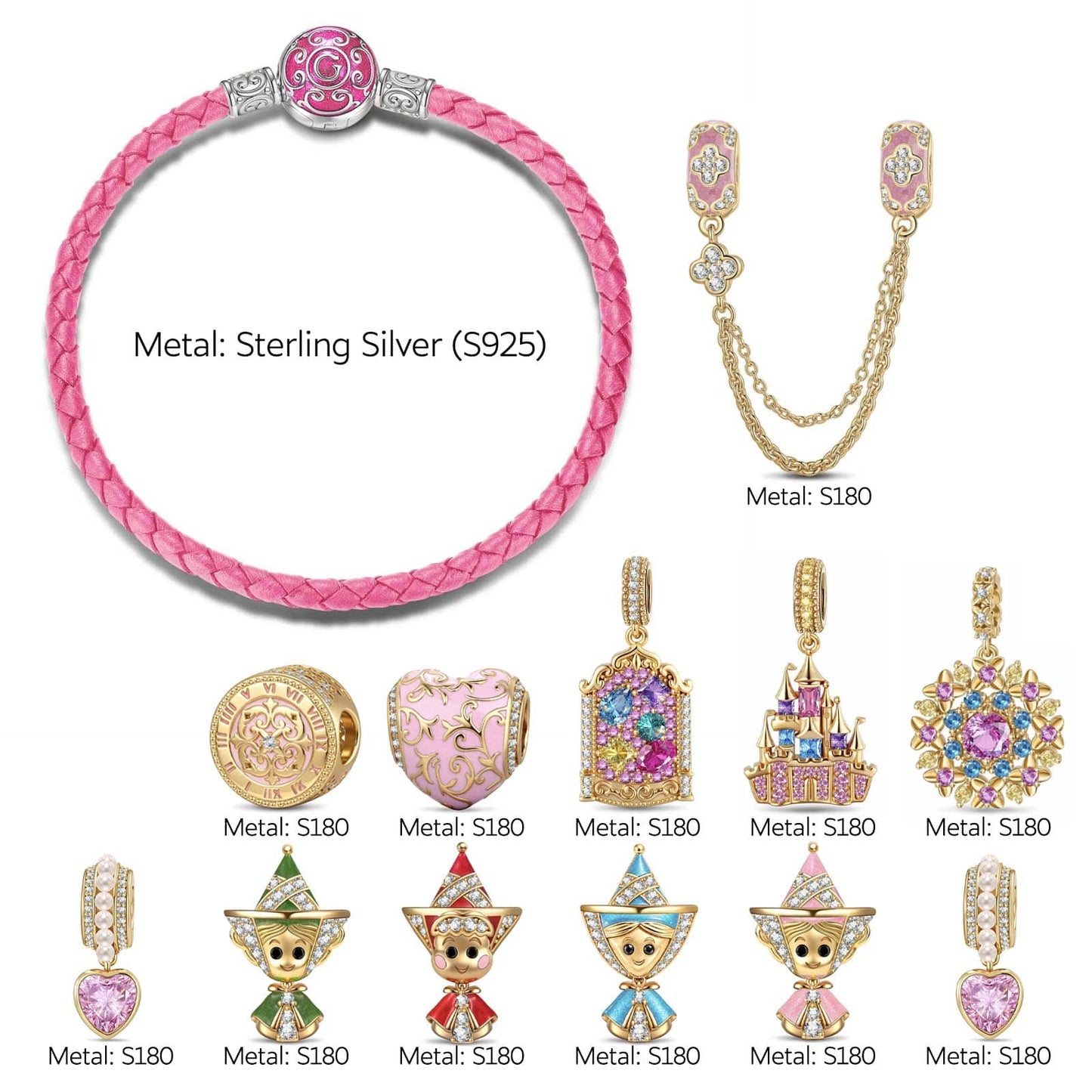 Sleeping Beauty Enchanted Fairy Blessings Pink Braided Leather & Tarnish-Resistant Silver Charm Bracelet Set In 14K Gold Plated (Includes Bracelet And All Charms Shown)