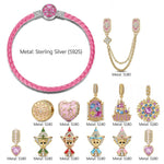 Sleeping Beauty Enchanted Fairy Blessings Pink Braided Leather & Tarnish-Resistant Silver Charm Bracelet Set In 14K Gold Plated (Includes Bracelet And All Charms Shown)