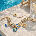 Rainbow Floral & Cluster Nautical Anchor & Compass Charm Bracelet Set Tarnish-Resistant Silver In 14K Gold Plated (Includes Bracelet And All Charms Shown)