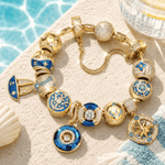 Rainbow Floral & Cluster Nautical Anchor & Compass Charm Bracelet Set Tarnish-Resistant Silver In 14K Gold Plated (Includes Bracelet And All Charms Shown)