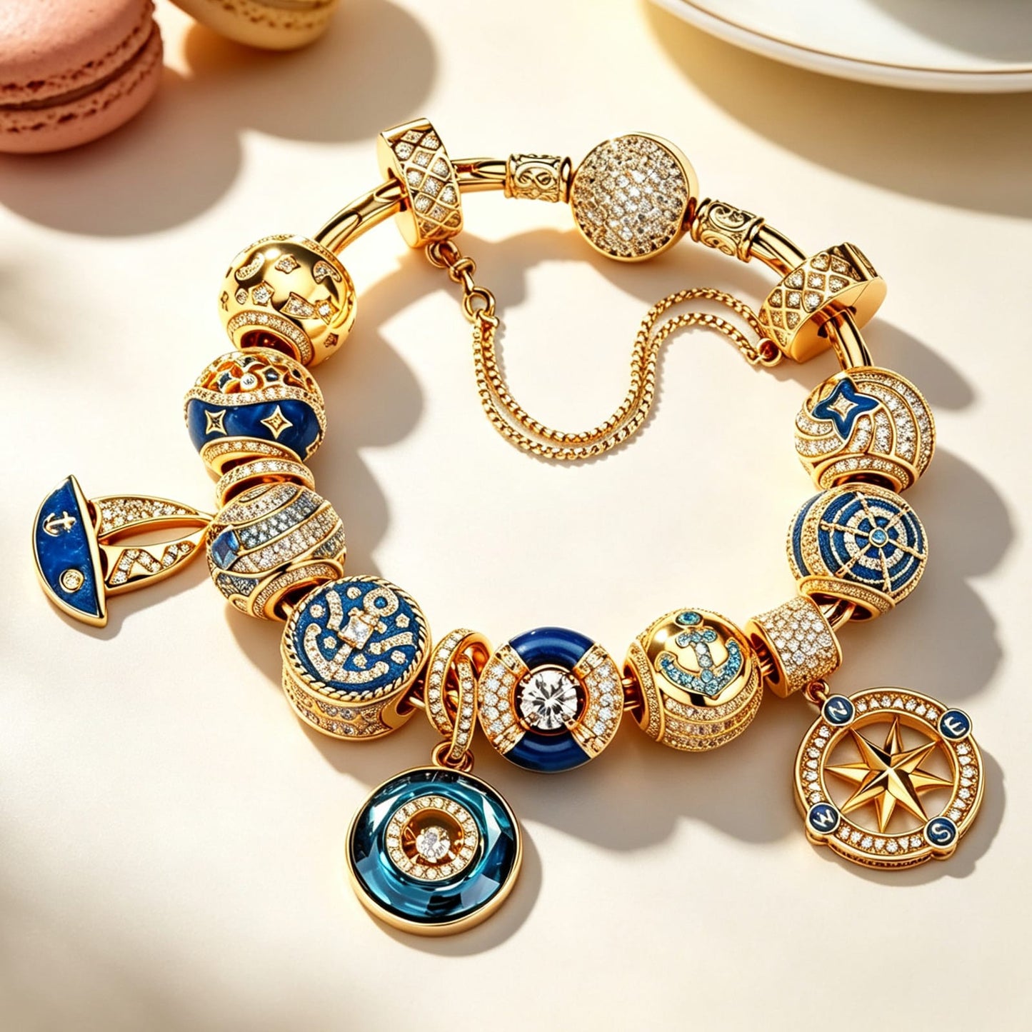Rainbow Floral & Cluster Nautical Anchor & Compass Charm Bracelet Set Tarnish-Resistant Silver In 14K Gold Plated (Includes Bracelet And All Charms Shown)