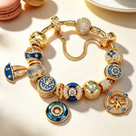 Rainbow Floral & Cluster Nautical Anchor & Compass Charm Bracelet Set Tarnish-Resistant Silver In 14K Gold Plated (Includes Bracelet And All Charms Shown)