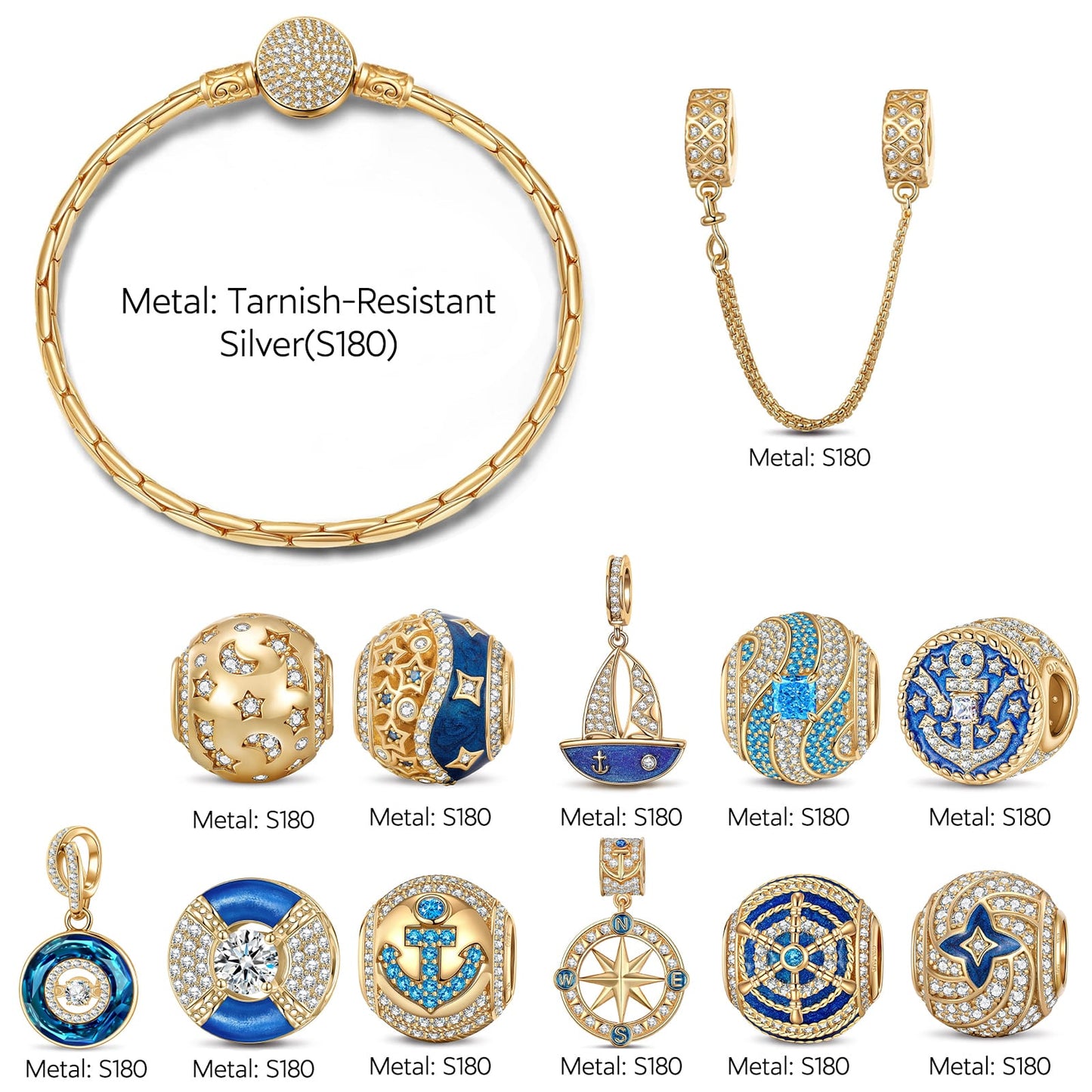 Rainbow Floral & Cluster Nautical Anchor & Compass Charm Bracelet Set Tarnish-Resistant Silver In 14K Gold Plated (Includes Bracelet And All Charms Shown)