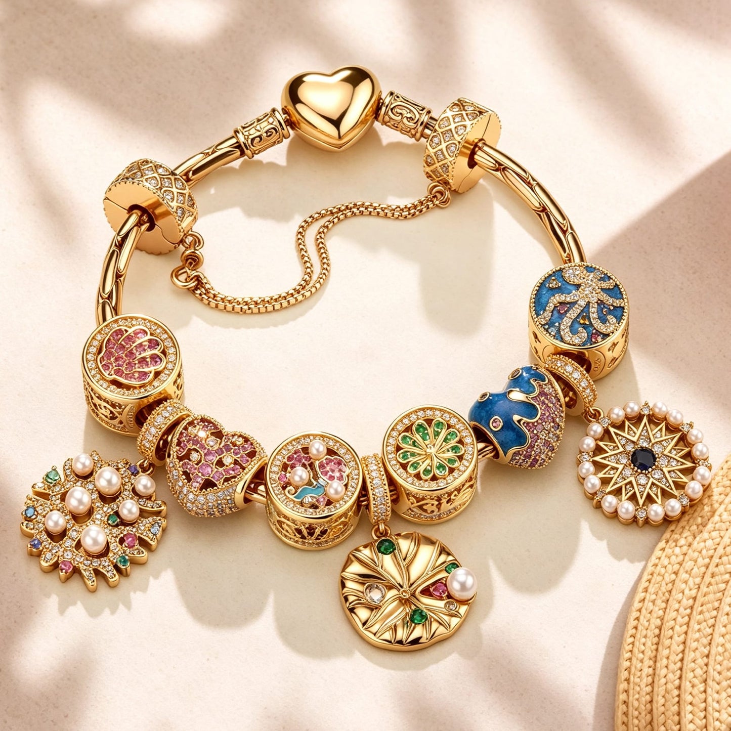 Deep Marine Charm Bracelet Set in Tarnish-Resistant Silver with 14K Gold Plated (Includes bracelet and all charms shown)
