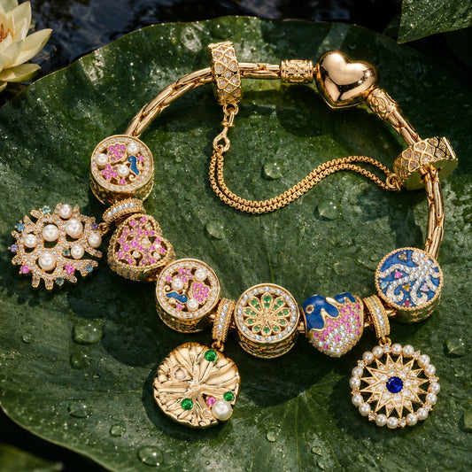 gona- Deep Marine Charm Bracelet Set in Tarnish-Resistant Silver with 14K Gold Plated (Includes bracelet and all charms shown)