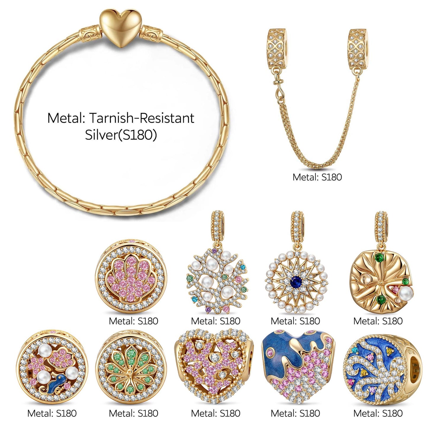 Deep Marine Charm Bracelet Set in Tarnish-Resistant Silver with 14K Gold Plated (Includes bracelet and all charms shown)