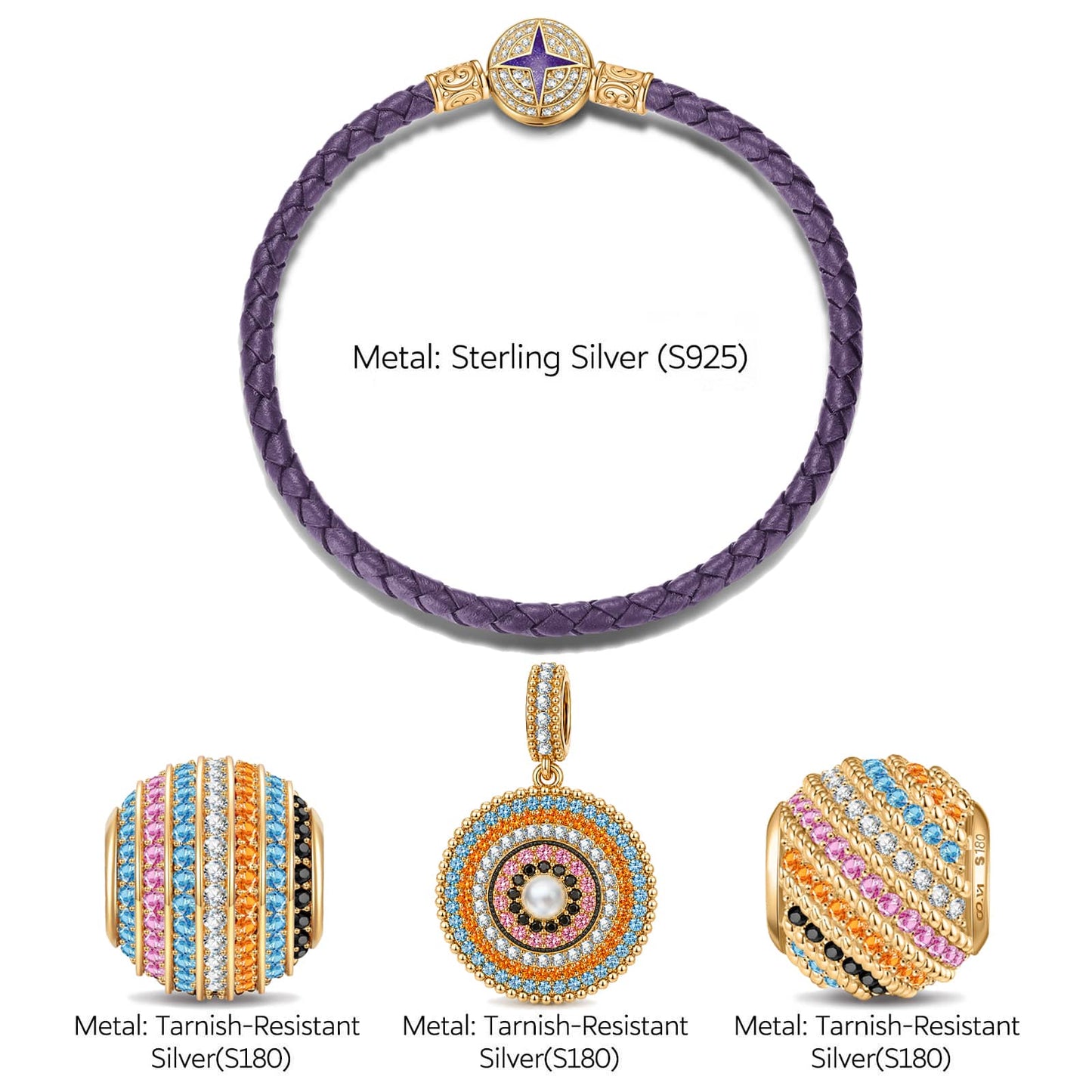 Twilight Mediterranean Star Compass Curated Charm Bracelet Set in Tarnish‑Resistant Silver with 14K Gold Plating (Includes Bracelet And All Charms Shown)