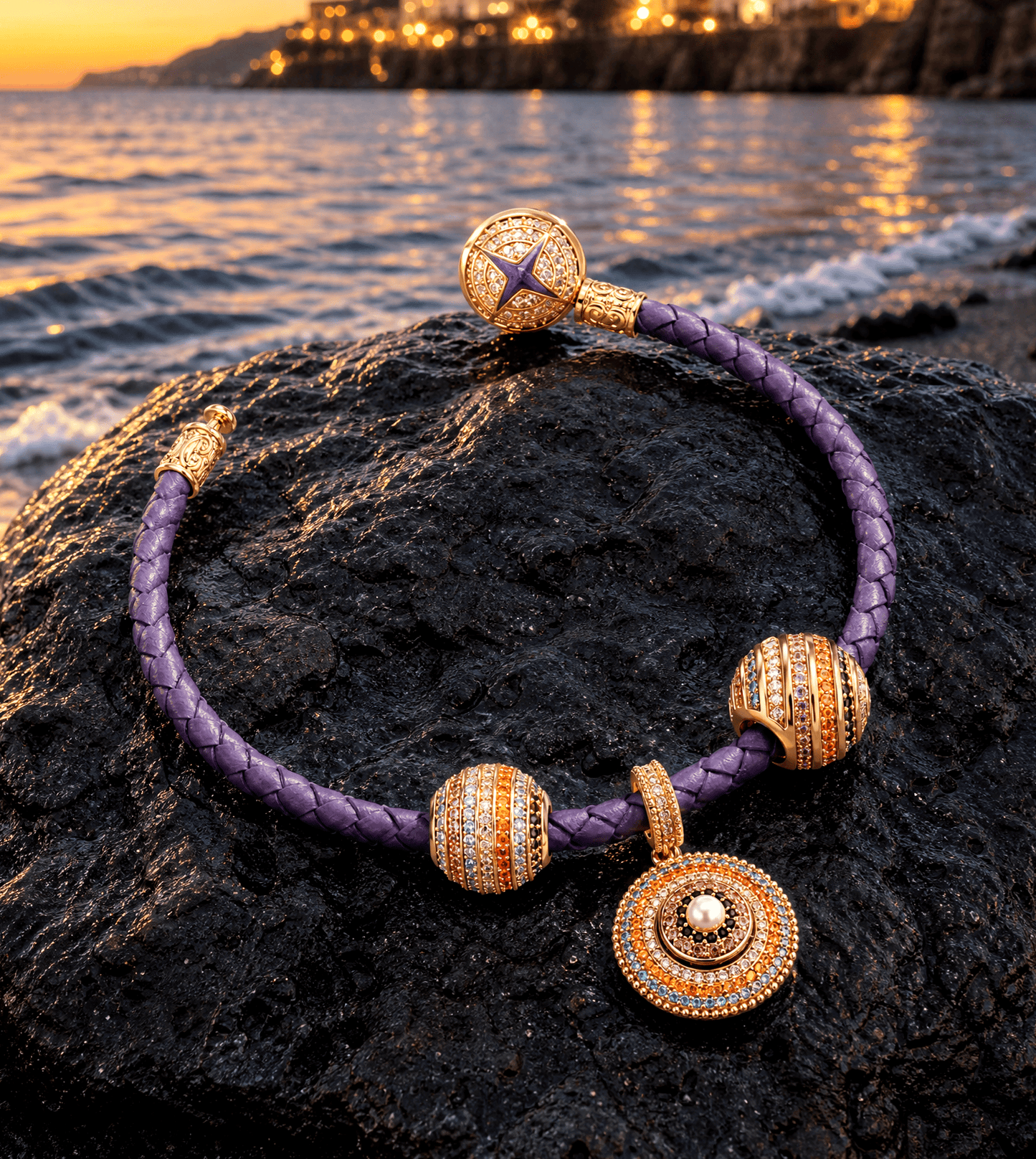 Twilight Mediterranean Star Compass Curated Charm Bracelet Set in Tarnish‑Resistant Silver with 14K Gold Plating (Includes Bracelet And All Charms Shown)