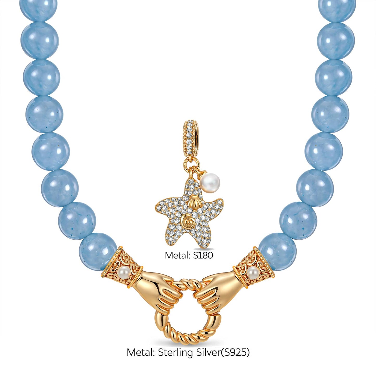 Coastal Pavé Starfish Claddagh Hand Clasp Interchangeable Dangle Charm Holder Aquamarine Chalcedony Beaded Necklace in Tarnish-Resistant Silver