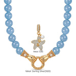 Coastal Pavé Starfish Claddagh Hand Clasp Interchangeable Dangle Charm Holder Aquamarine Chalcedony Beaded Necklace in Tarnish-Resistant Silver