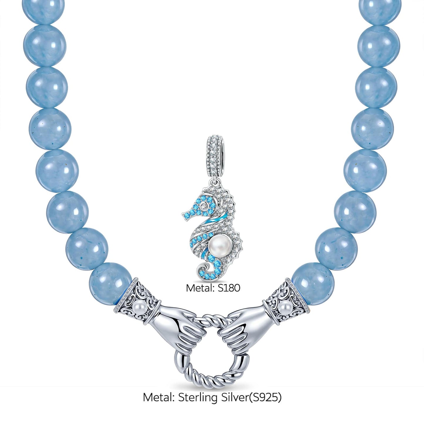 Coastal Seahorse Pearl Enamel Claddagh Hand Clasp Interchangeable Dangle Charm Holder Aquamarine Chalcedony Beaded Necklace in Tarnish-Resistant Silver