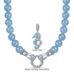 Coastal Seahorse Pearl Enamel Claddagh Hand Clasp Interchangeable Dangle Charm Holder Aquamarine Chalcedony Beaded Necklace in Tarnish-Resistant Silver