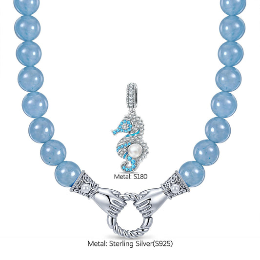gona- Coastal Seahorse Pearl Enamel Claddagh Hand Clasp Interchangeable Dangle Charm Holder Aquamarine Chalcedony Beaded Necklace in Tarnish-Resistant Silver
