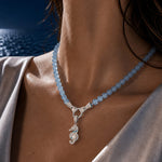 Coastal Seahorse Pearl Enamel Claddagh Hand Clasp Interchangeable Dangle Charm Holder Aquamarine Chalcedony Beaded Necklace in Tarnish-Resistant Silver