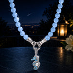 Coastal Seahorse Pearl Enamel Claddagh Hand Clasp Interchangeable Dangle Charm Holder Aquamarine Chalcedony Beaded Necklace in Tarnish-Resistant Silver