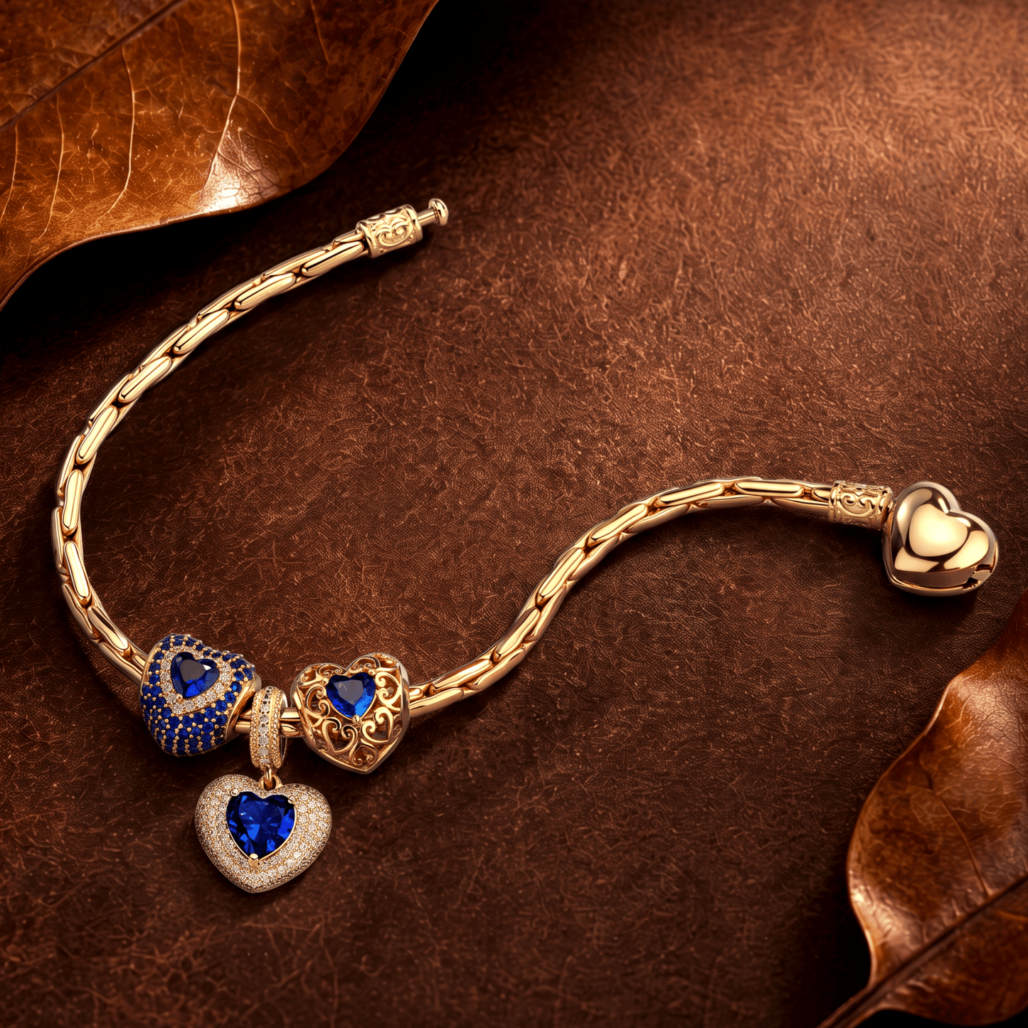Royal Blue Romance Heart Charm Bracelet Set in Tarnish-Resistant Silver with 14K Gold Plated (Includes Bracelet and All Charms Shown)