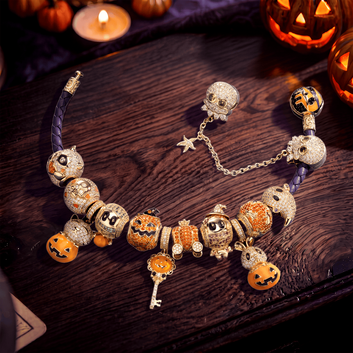 New Arrival - Halloween Pumpkin Skull Pavé Enamel Leather Cord Bracelet Set In Tarnish‑Resistant Silver