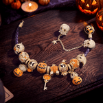 New Arrival - Halloween Pumpkin Skull Pavé Enamel Leather Cord Bracelet Set In Tarnish‑Resistant Silver