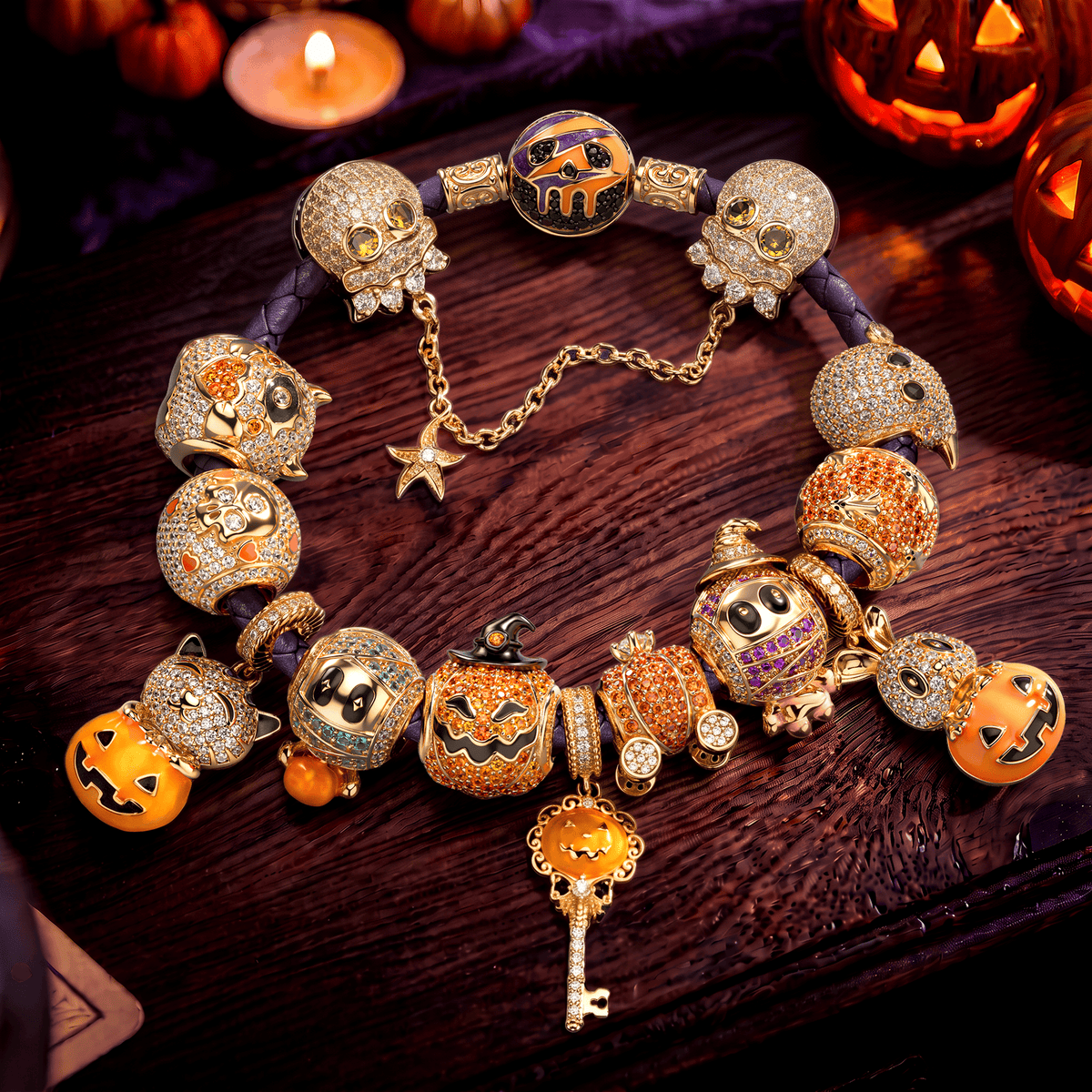 New Arrival - Halloween Pumpkin Skull Pavé Enamel Leather Cord Bracelet Set In Tarnish‑Resistant Silver