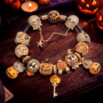 New Arrival - Halloween Pumpkin Skull Pavé Enamel Leather Cord Bracelet Set In Tarnish‑Resistant Silver