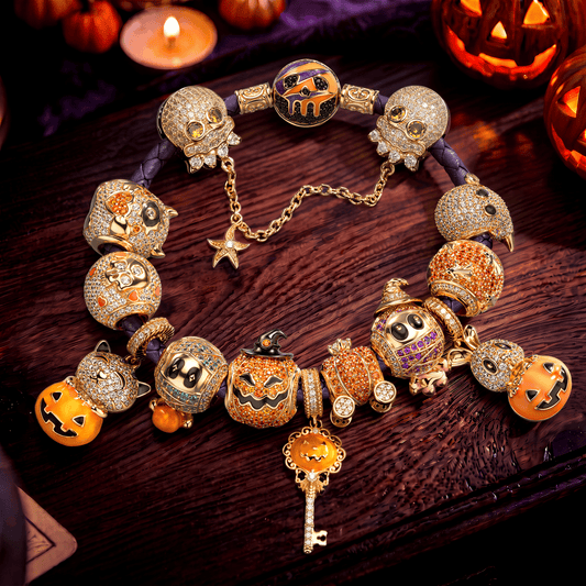gona- New Arrival - Halloween Pumpkin Skull Pavé Enamel Leather Cord Bracelet Set In Tarnish‑Resistant Silver