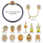 New Arrival - Halloween Pumpkin Skull Pavé Enamel Leather Cord Bracelet Set In Tarnish‑Resistant Silver