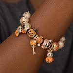 New Arrival - Halloween Pumpkin Skull Pavé Enamel Leather Cord Bracelet Set In Tarnish‑Resistant Silver